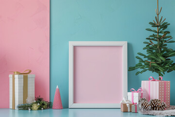 A white frame with a pink background is on a table. Cyber Monday, sale, purchase