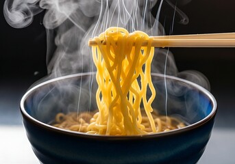 steaming hot noodles being lifted from a dark blue bowl by a pair of wooden chopsticks. The golden-yellow noodles cascade down, releasing wisps of steam that curl