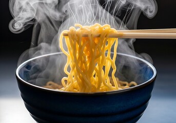 steaming hot noodles being lifted from a dark blue bowl by a pair of wooden chopsticks. The golden-yellow noodles cascade down, releasing wisps of steam that curl