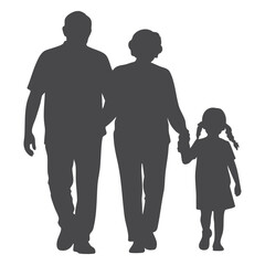 Happy family of three walking together in silhouette style