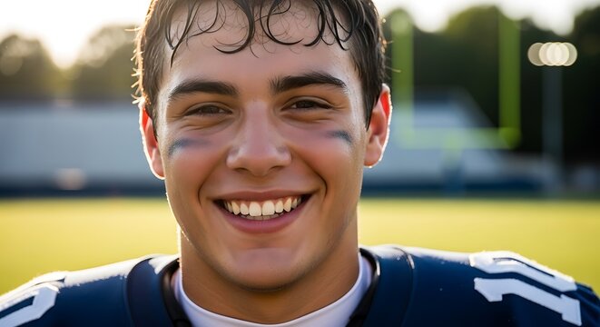 Triumphant football player smiling after a big win with light shining onto the field at sunset