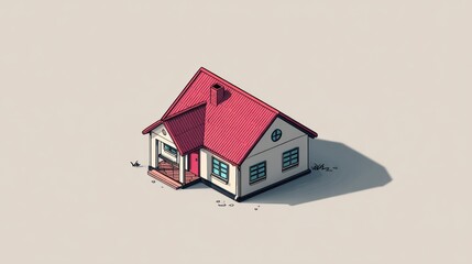 Isometric illustration of a house with a red roof and a long shadow