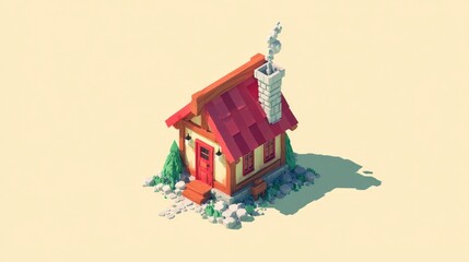 Isometric illustration of a small house with red roof and chimney