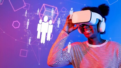 A joyful young woman engages with a virtual reality headset, embodying modern technology and immersive experiences against a vibrant digital background. Raster