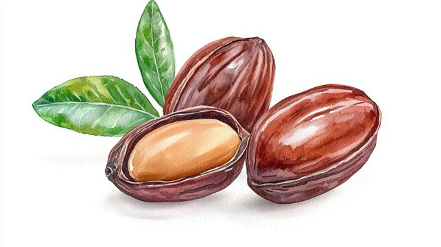 Watercolor illustration of jojoba nuts and leaves on a white background.
