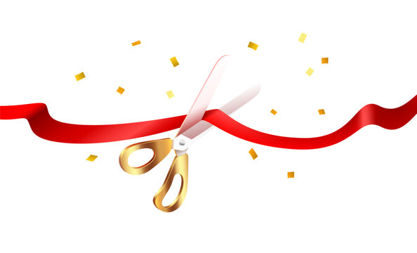 Grand Opening Ceremony. Golden scissors cut a red ribbon with festive confetti. - Powered by Adobe