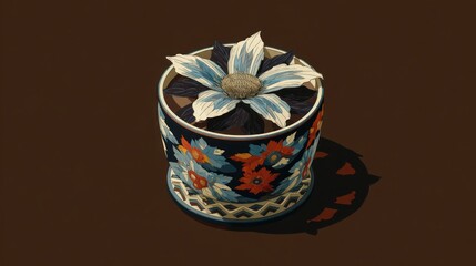 Decorative container with floral design and stylized flower art object