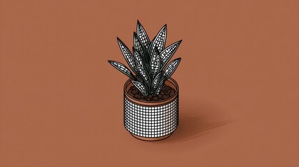 Isometric illustration of a houseplant in a checkered pot on a brown backdrop
