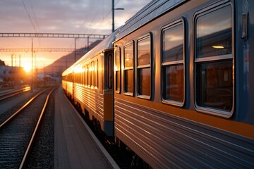 Naklejka premium A train stands on the tracks during sunset, reflecting warm colors. The scene captures the beauty of travel and transportation in a serene setting.