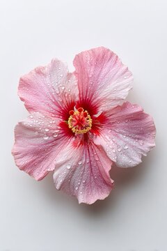 Fiore di ibisco con petali rosa tenue e bianchi, con sfumature pi&ugrave; scure verso i bordi. Ripresa dall'alto su sfondo bianco.