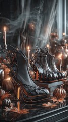 Sculptural black high-heeled shoes on a dark table surrounded by pumpkins and candles. Halloween party atmosphere