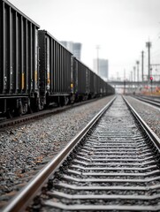 Obraz premium A perspective view of train tracks lined with freight cars in an industrial area, conveying a sense of transportation and commerce.