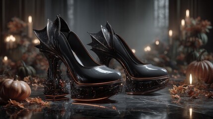 Black sculptural high heels with bat wing design. Surrounded by pumpkins and autumn leaves. Halloween costumes and parties