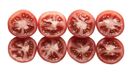 Fresh cut tomato slices arranged neatly showcasing vibrant red color and juicy texture isolated on transparent background