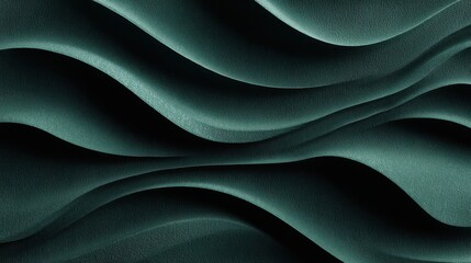 Dark green wavy abstract background with layered gradient lines and textured surface, creating modern and calming visual effect