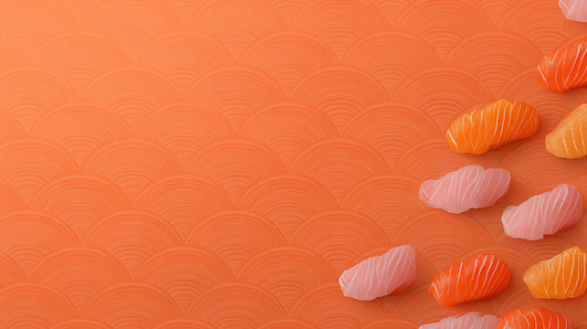 Vibrant sushi seamless pattern vector illustration. Wave lines on orange background, resembling raw fish and meat textures like salmon or tuna. Ideal for restaurant or package design. 58339613 1