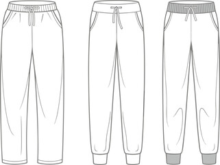 Fashion technical flat sketch of three jogger pants designs, vector illustration of casual sweatpants, athletic track pants with drawstring waist, comfortable sportswear design template