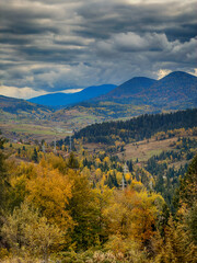 Misty Autumn Rain Clouds over Ukrainian Carpathian Mountains.