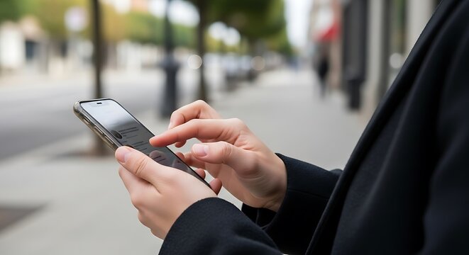 Close Up Of Hands Typing On A Mobile Phone On A Sidewalk With Blurry City Background