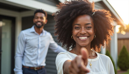 Young couple outside welcomes you with a point, indicating you. Happy couple stands outside modern home smiling while pointing to you.
