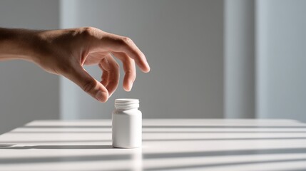 Gentle Hand Reaches for Small White Medicine Bottle Under Soft Natural Light