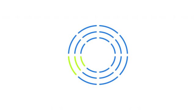 Rotating green segment on concentric dashed circles loading animation. Blue dash circular motion. Animated throbber on transparent background. UI design element 4K video. Progress indicator, buffering