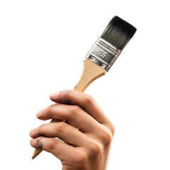 Close up studio shot of man holding paintbrush on a white background