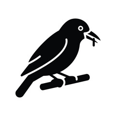 Minimalist silhouette bird perched holding food insect vector icon simple nature wildlife graphic isolated on white background