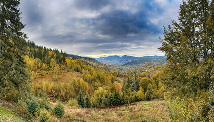 Misty Autumn Rain Clouds over Ukrainian Carpathian Mountains.