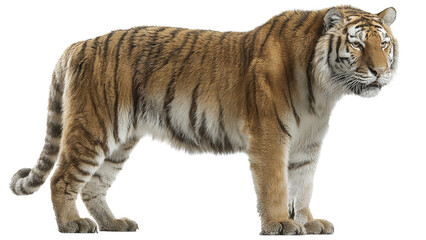 majestic bengal tiger poised in profile, showcasing its striking orange fur and bold black stripes on a transparent background