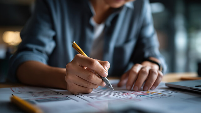 Hands sketching wireframe on paper face obscured UX design app wireframe user interface planning mobile app sketch design thinking wireframe drawing paper and pen - Powered by Adobe