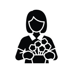 Person holding flower bouquet icon simple silhouette for garden florist shop or gift isolated on white background