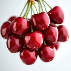 Bunch of ripe red cherries close up on light background