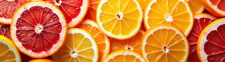 A close up of a bunch of oranges cut in half food background banner