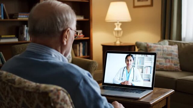 Telemedicine session with a senior citizen using a laptop for a video call