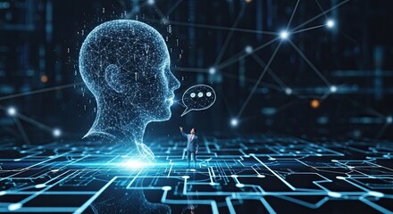 Innovative AI technology speaking with businessman in a modern digital interface environment with connections