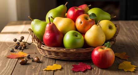 Autumn Harvest - Apples and Pears in a Woven Basket.