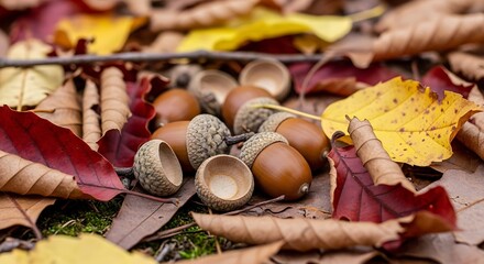 Autumnal Acorns and Fallen Leaves on Forest Floor.