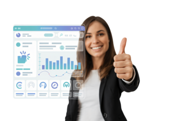 Confident businesswoman gives thumbs up to successful data analysis and modern digital interface, celebrating achievement and growth