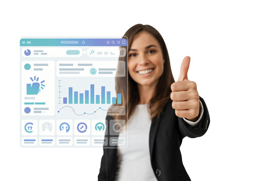 Confident businesswoman gives thumbs up to successful data analysis and modern digital interface, celebrating achievement and growth