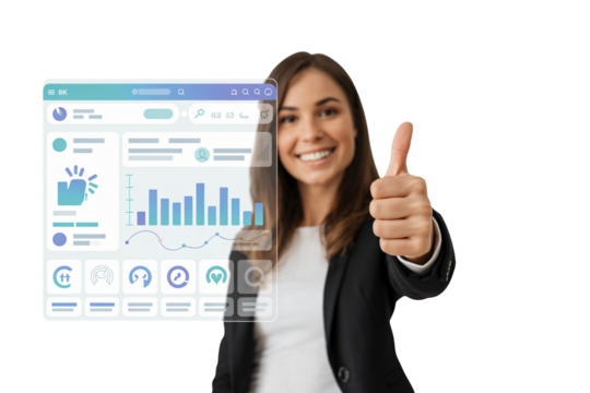 Confident businesswoman gives thumbs up to successful data analysis and modern digital interface, celebrating achievement and growth - Powered by Adobe