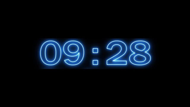 Neon countdown 19 minutes timer animation background. Glowing countdown animation.