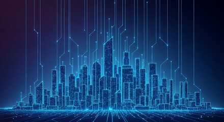 Abstract Futuristic Cityscape Glowing With Digital Data Streams