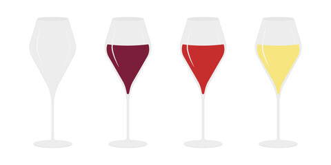 Elegant Wine Glasses Filled Halfway Red Rose and White Wine and Empty Tumbler Minimalist Flat Design