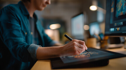 Close up of designer's hands using graphics tablet to draw logo face obscured digital art creation graphic design stylus work brand design creative occupation drawing tablet