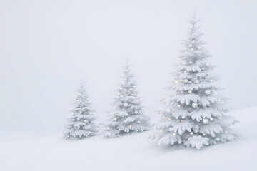 Obraz premium Stunning minimalist winter scene featuring three forest christmas trees adorned with elegant silver ornaments and soft fairy lights, creating a serene and magical holiday atmosphere in a snowy landsca