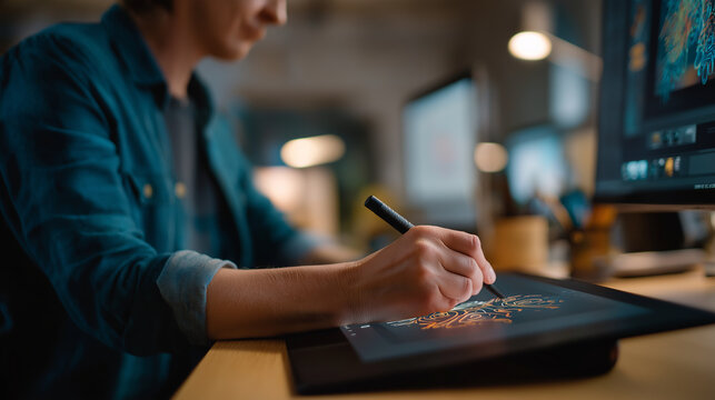 Close up of designer's hands using graphics tablet to draw logo face obscured digital art creation graphic design stylus work brand design creative occupation drawing tablet