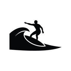 Dynamic silhouette of surfer riding a big wave skillfully capturing ocean sport energy isolated on white background