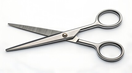 Obraz premium Open silver scissors isolated on white background, close up studio shot