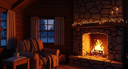 Cozy Cabin Interior with Fireplace and Armchair.